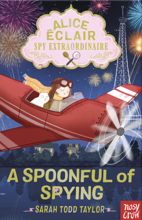 Cover of Alice Eclair A Spoonful of Spying with Alice in an aeroplane flying over Paris. Casper the cat is in the back seat