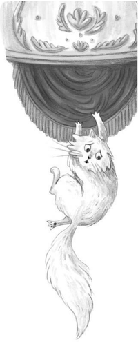 Max dangling from a curtain in the theatre, looking anxious and trying not to fall.