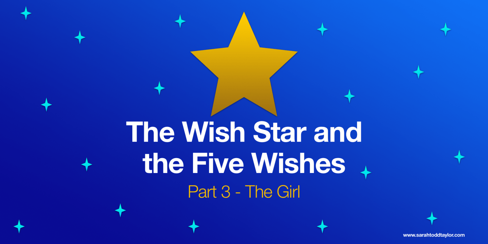 A Yellow Star against the blue background, with other smaller blue stars in the sky. The text reads: "The Wish Star and the Five Wishes: Part 3 - The Girl"